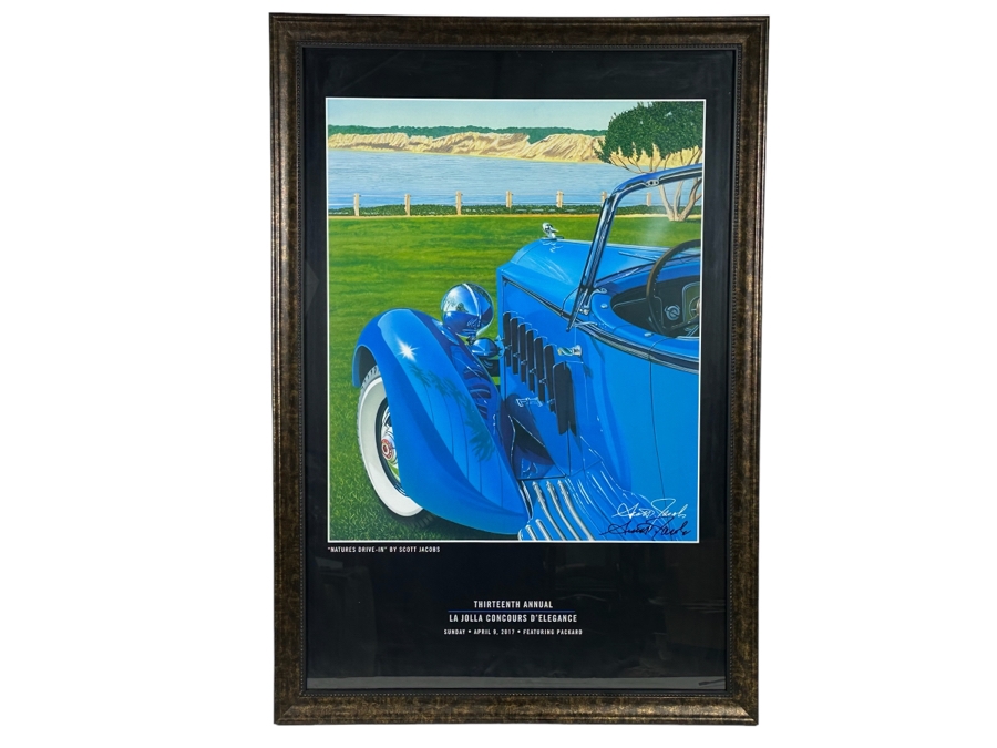 Hand Signed Scott Jacobs Poster Titled 'Natures Drive-In' Featuring Packard Car With View Of La Jolla From The Thirteenth Annual La Jolla Concours D'Elegance April 9, 2017 22.5 X 36 Framed 27 X 39.5 [Photo 2]