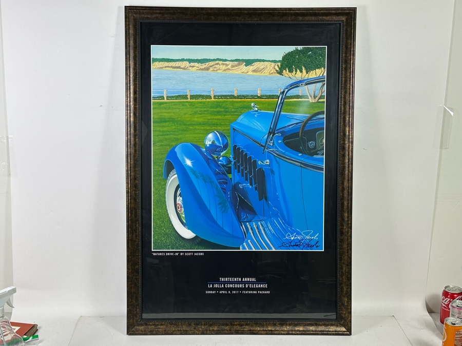 Hand Signed Scott Jacobs Poster Titled 'Natures Drive-In' Featuring Packard Car With View Of La Jolla From The Thirteenth Annual La Jolla Concours D'Elegance April 9, 2017 22.5 X 36 Framed 27 X 39.5 [Photo 4]