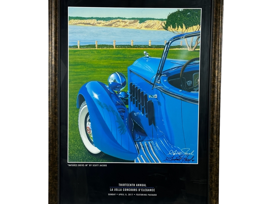 Hand Signed Scott Jacobs Poster Titled 'Natures Drive-In' Featuring Packard Car With View Of La Jolla From The Thirteenth Annual La Jolla Concours D'Elegance April 9, 2017 22.5 X 36 Framed 27 X 39.5 [Photo 1]