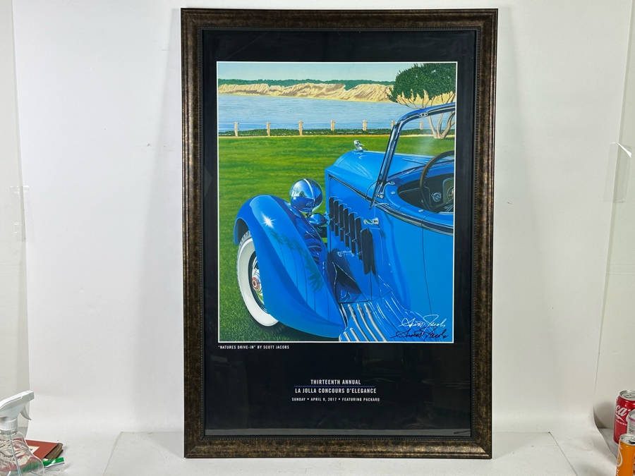 Hand Signed Scott Jacobs Poster Titled 'Natures Drive-In' Featuring Packard Car With View Of La Jolla From The Thirteenth Annual La Jolla Concours D'Elegance April 9, 2017 22.5 X 36 Framed 27 X 39.5 [Photo 3]
