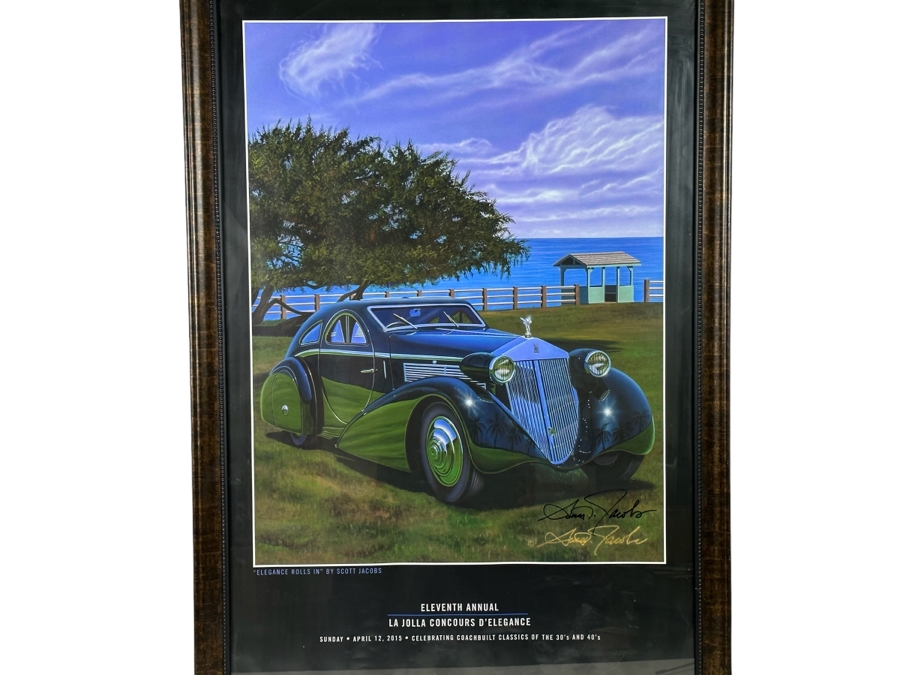 Hand Signed Scott Jacobs Poster Titled 'Elegance Rolls In' Featuring Rolls Royce Car With View Of La Jolla From The Eleventh Annual La Jolla Concours D'Elegance April 12, 2015 22.5 X 36 Framed 27 X 39.5 [Photo 1]