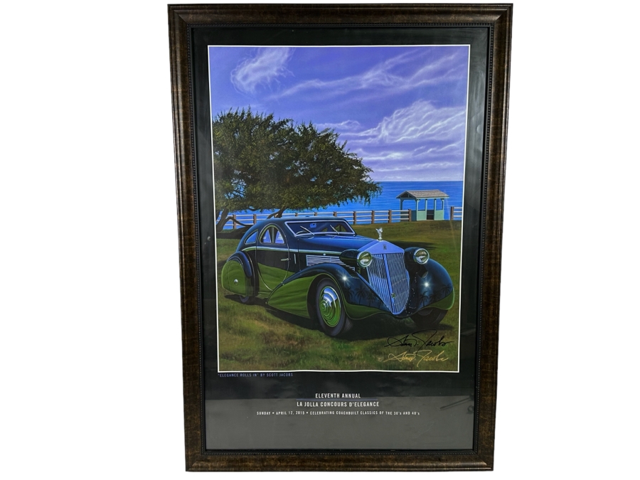 Hand Signed Scott Jacobs Poster Titled 'Elegance Rolls In' Featuring Rolls Royce Car With View Of La Jolla From The Eleventh Annual La Jolla Concours D'Elegance April 12, 2015 22.5 X 36 Framed 27 X 39.5 [Photo 2]