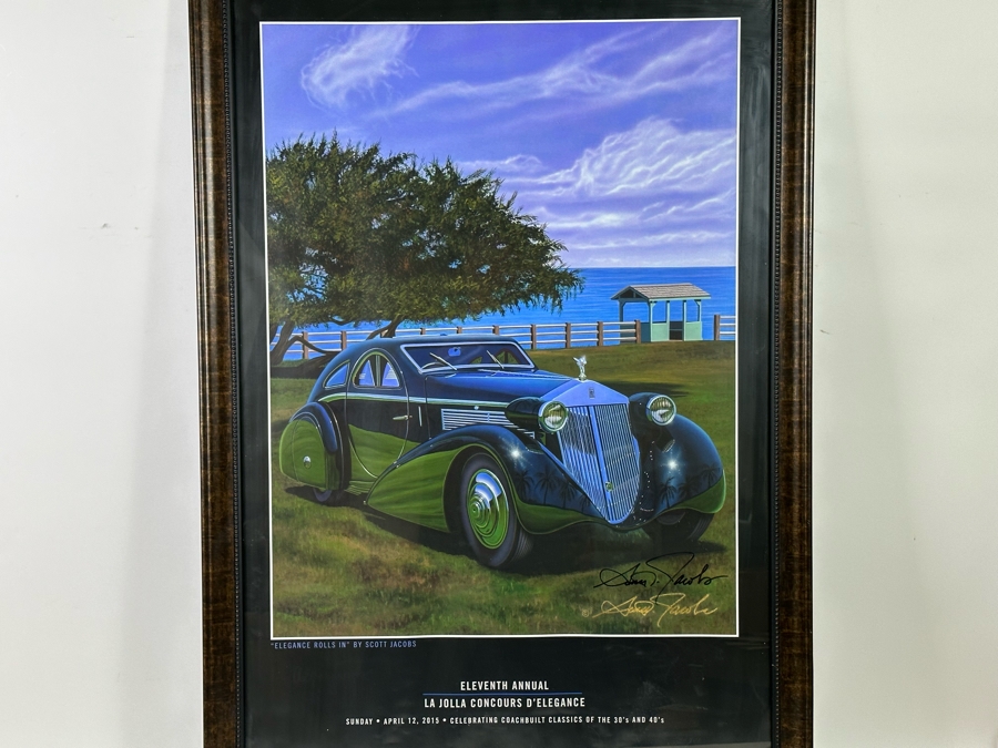 Hand Signed Scott Jacobs Poster Titled 'Elegance Rolls In' Featuring Rolls Royce Car With View Of La Jolla From The Eleventh Annual La Jolla Concours D'Elegance April 12, 2015 22.5 X 36 Framed 27 X 39.5 [Photo 5]