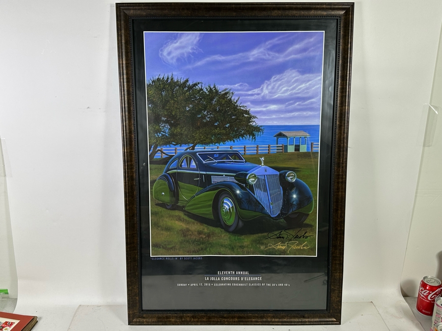 Hand Signed Scott Jacobs Poster Titled 'Elegance Rolls In' Featuring Rolls Royce Car With View Of La Jolla From The Eleventh Annual La Jolla Concours D'Elegance April 12, 2015 22.5 X 36 Framed 27 X 39.5 [Photo 3]