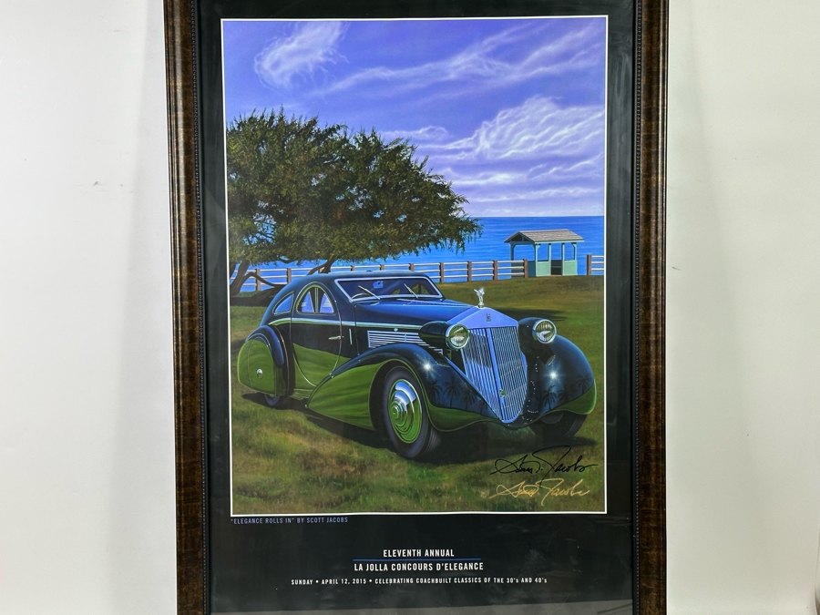 Hand Signed Scott Jacobs Poster Titled 'Elegance Rolls In' Featuring Rolls Royce Car With View Of La Jolla From The Eleventh Annual La Jolla Concours D'Elegance April 12, 2015 22.5 X 36 Framed 27 X 39.5 [Photo 4]
