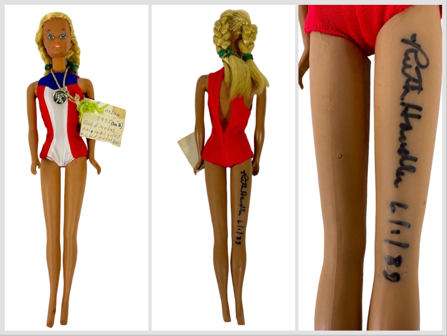 Hand Signed By Ruth Handler (Inventor Of Barbie / Co-Founder Of Mattel) Vintage Mattel Barbie Doll Signed By Ruth Handler Along Leg