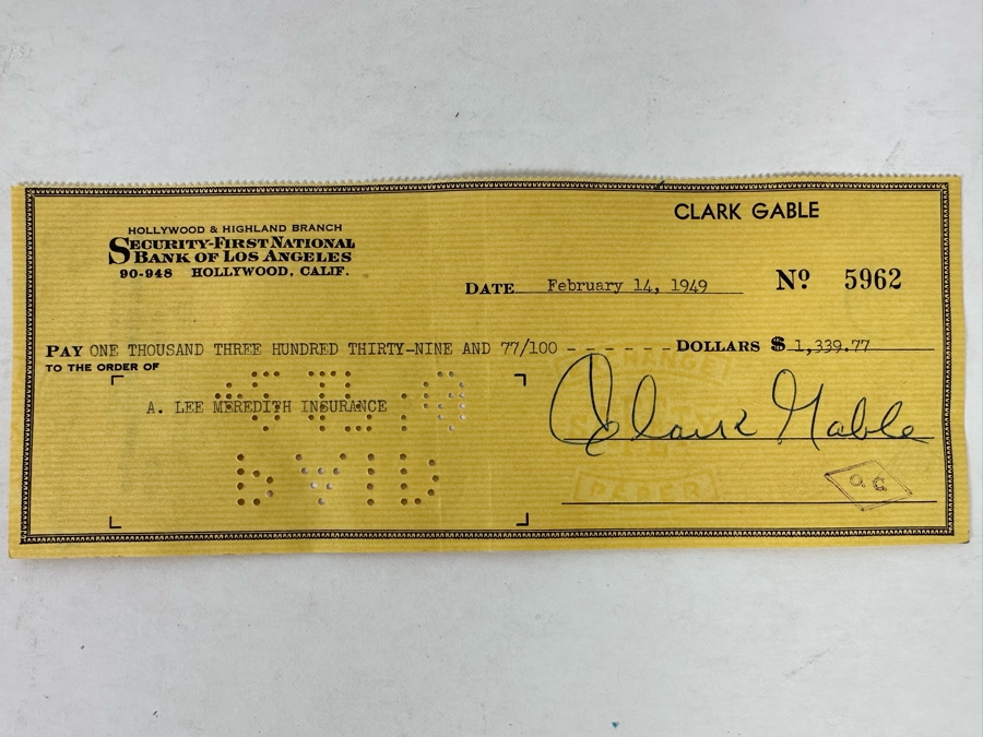 Hand Signed Clark Gable Check 8.5 X 3.25 Dated February 14, 1949 Purchased In 1981 From Autograph Dealer Conway Barker In Dallas, TX [Photo 4]
