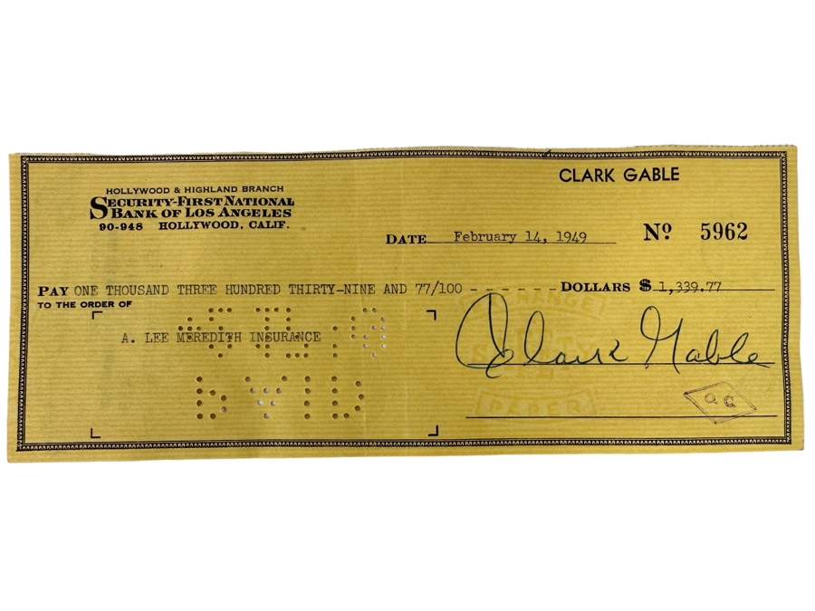 Hand Signed Clark Gable Check 8.5 X 3.25 Dated February 14, 1949 Purchased In 1981 From Autograph Dealer Conway Barker In Dallas, TX [Photo 2]