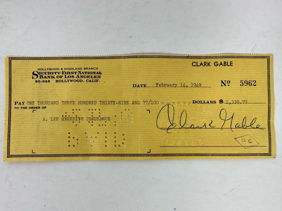 Hand Signed Clark Gable Check 8.5 X 3.25 Dated February 14, 1949 Purchased In 1981 From Autograph Dealer Conway Barker In Dallas, TX [Photo 5]