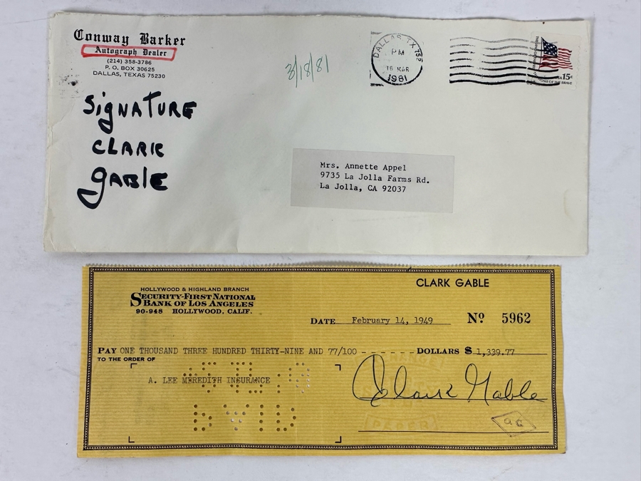 Hand Signed Clark Gable Check 8.5 X 3.25 Dated February 14, 1949 Purchased In 1981 From Autograph Dealer Conway Barker In Dallas, TX [Photo 3]