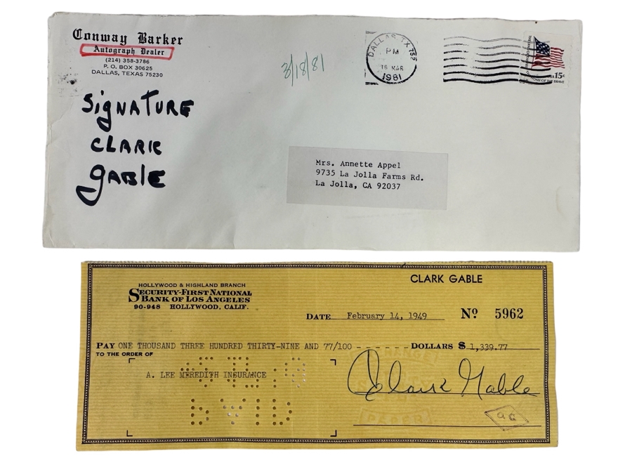 Hand Signed Clark Gable Check 8.5 X 3.25 Dated February 14, 1949 Purchased In 1981 From Autograph Dealer Conway Barker In Dallas, TX