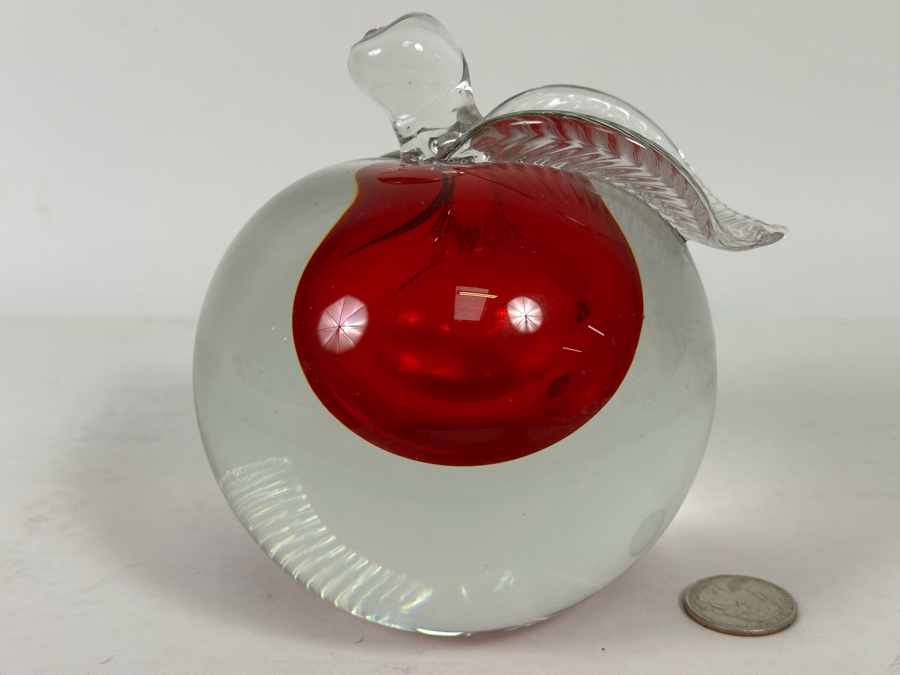 Signed Alfredo Barbini Murano For Oggetti Signed Art Glass Apple Paperweight [Photo 4]