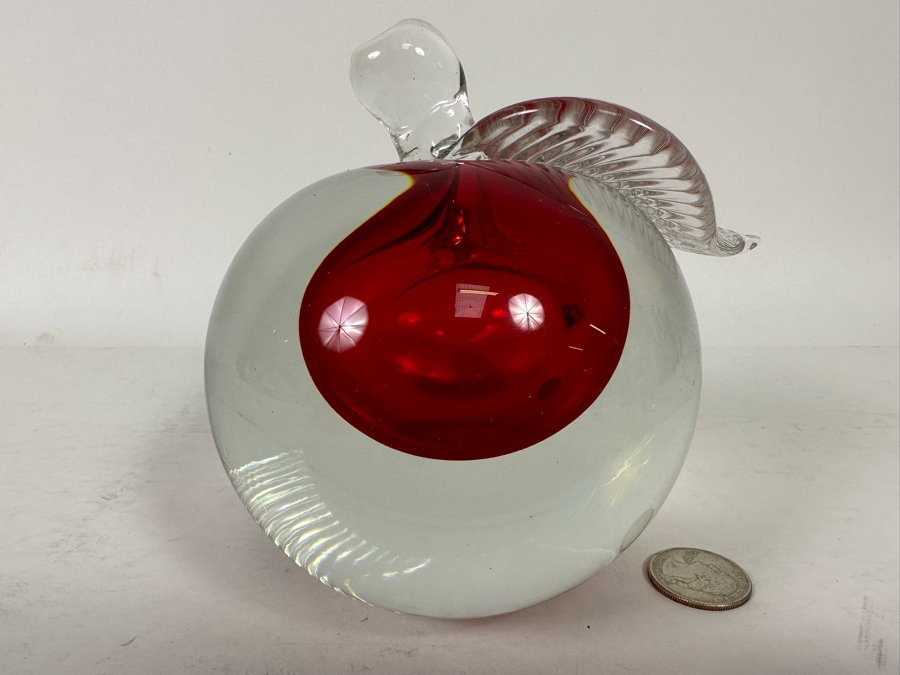 Signed Alfredo Barbini Murano For Oggetti Signed Art Glass Apple Paperweight [Photo 5]