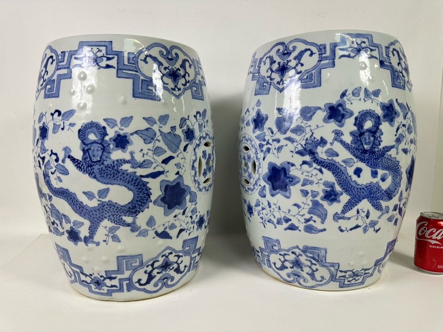 Pair Of Vintage Chinese Blue & White Barrel Garden Stools With Dragon Design 15W X 18.5H [Photo 12]