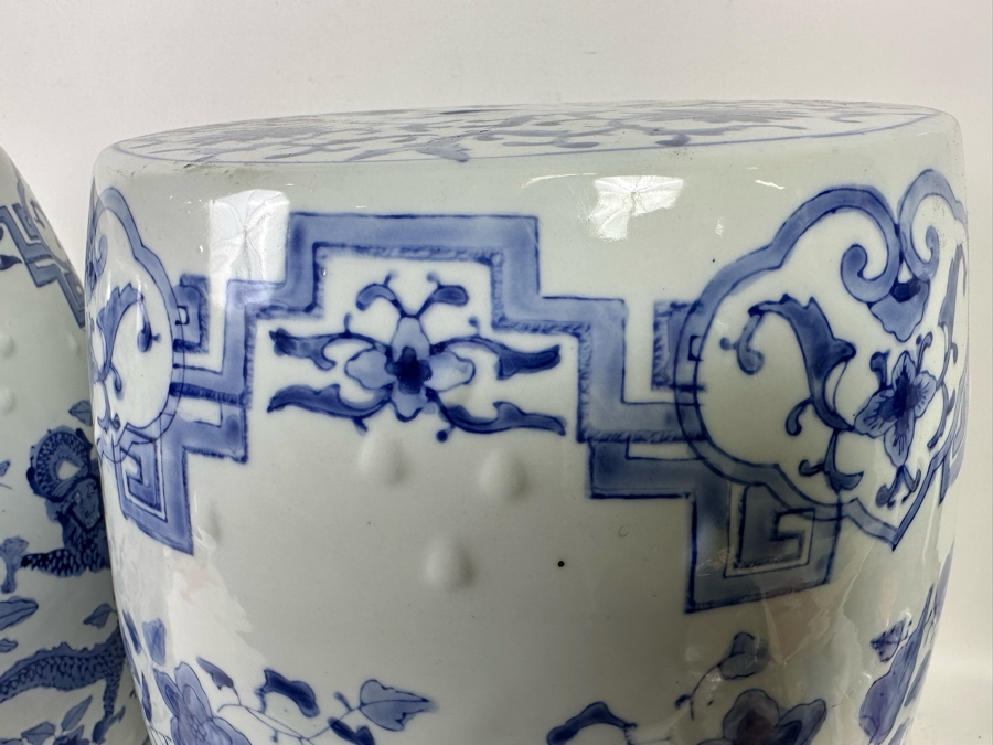 Pair Of Vintage Chinese Blue & White Barrel Garden Stools With Dragon Design 15W X 18.5H [Photo 10]