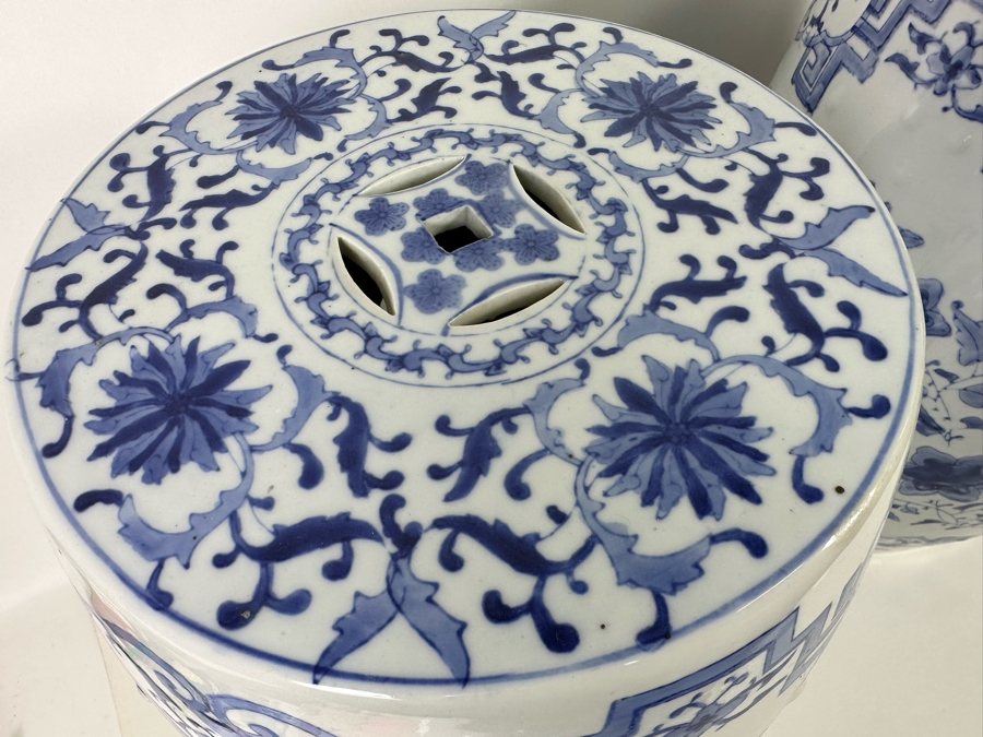 Pair Of Vintage Chinese Blue & White Barrel Garden Stools With Dragon Design 15W X 18.5H [Photo 7]