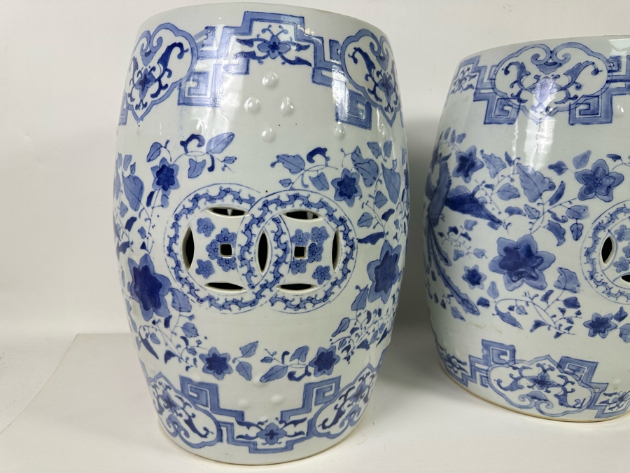 Pair Of Vintage Chinese Blue & White Barrel Garden Stools With Dragon Design 15W X 18.5H [Photo 4]