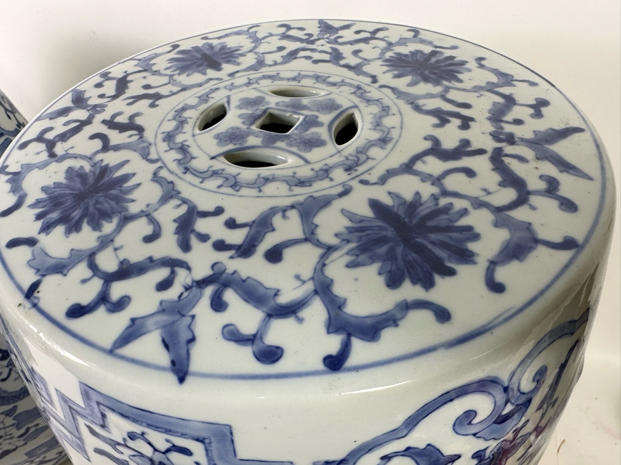Pair Of Vintage Chinese Blue & White Barrel Garden Stools With Dragon Design 15W X 18.5H [Photo 9]