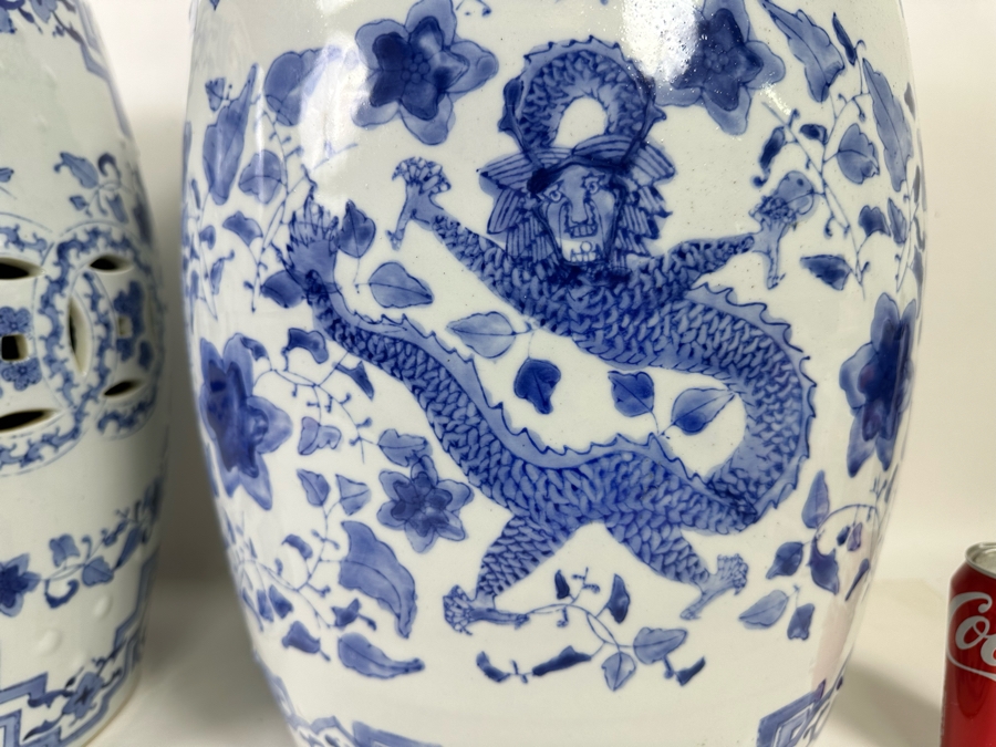 Pair Of Vintage Chinese Blue & White Barrel Garden Stools With Dragon Design 15W X 18.5H [Photo 17]
