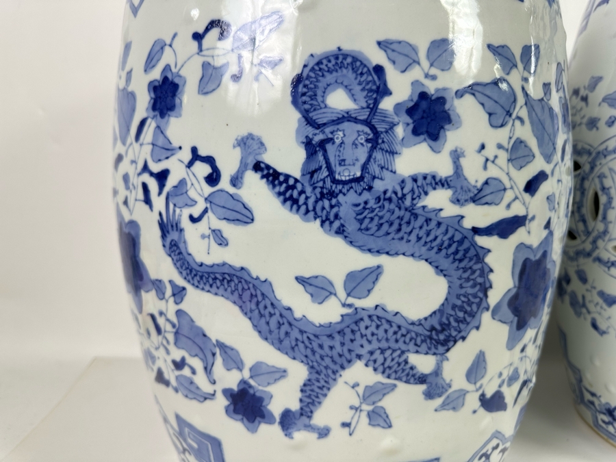 Pair Of Vintage Chinese Blue & White Barrel Garden Stools With Dragon Design 15W X 18.5H [Photo 15]