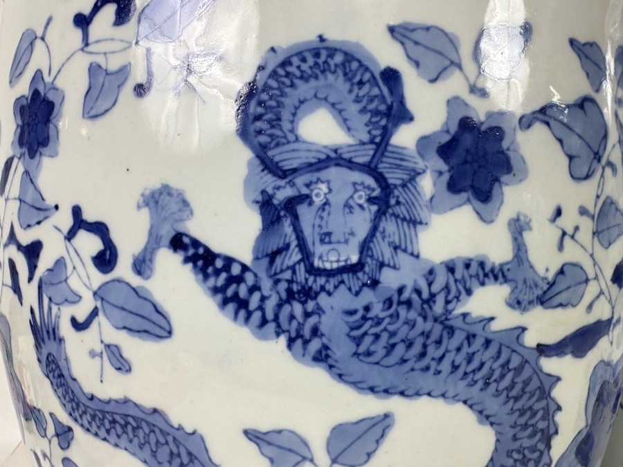 Pair Of Vintage Chinese Blue & White Barrel Garden Stools With Dragon Design 15W X 18.5H [Photo 16]