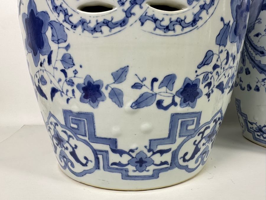 Pair Of Vintage Chinese Blue & White Barrel Garden Stools With Dragon Design 15W X 18.5H [Photo 6]