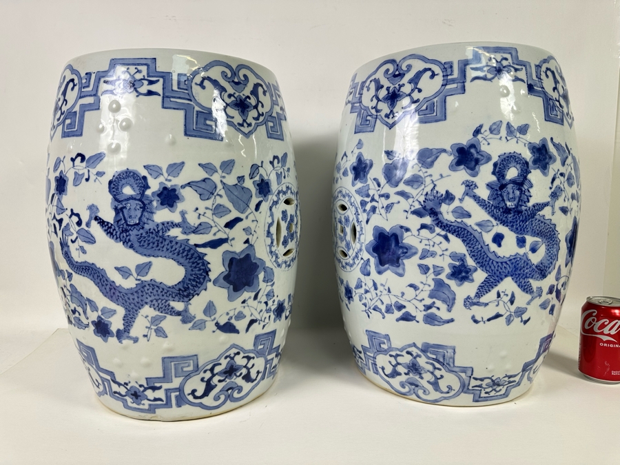 Pair Of Vintage Chinese Blue & White Barrel Garden Stools With Dragon Design 15W X 18.5H [Photo 14]