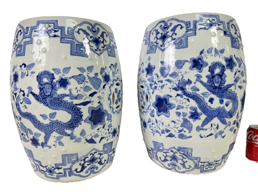 Pair Of Vintage Chinese Blue & White Barrel Garden Stools With Dragon Design 15W X 18.5H [Photo 1]