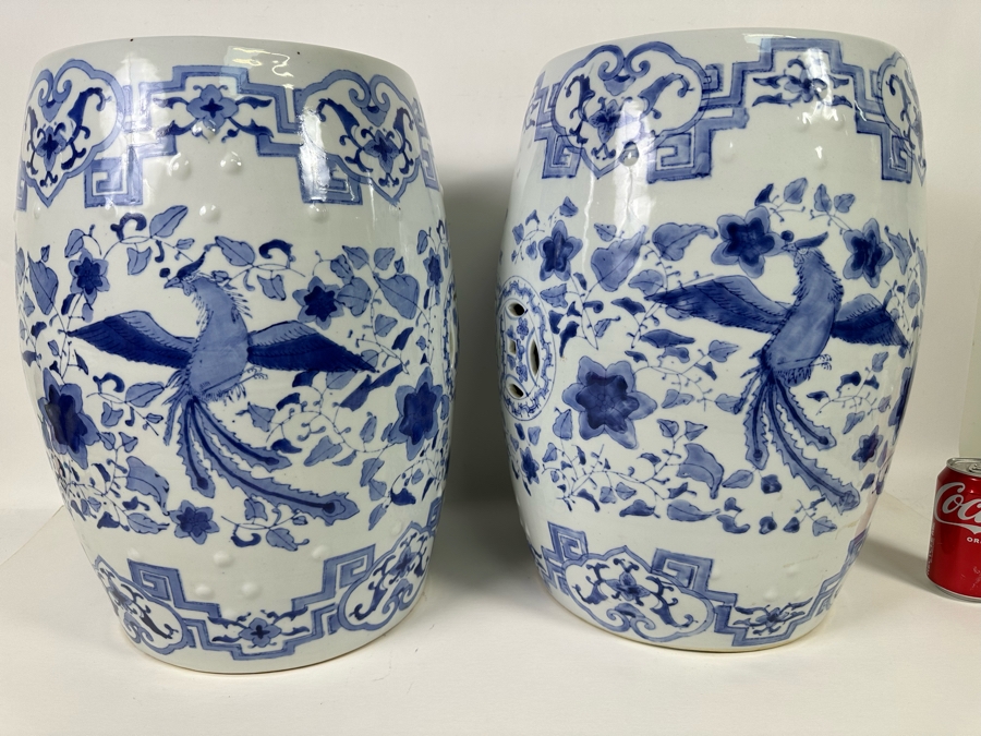 Pair Of Vintage Chinese Blue & White Barrel Garden Stools With Dragon Design 15W X 18.5H [Photo 18]