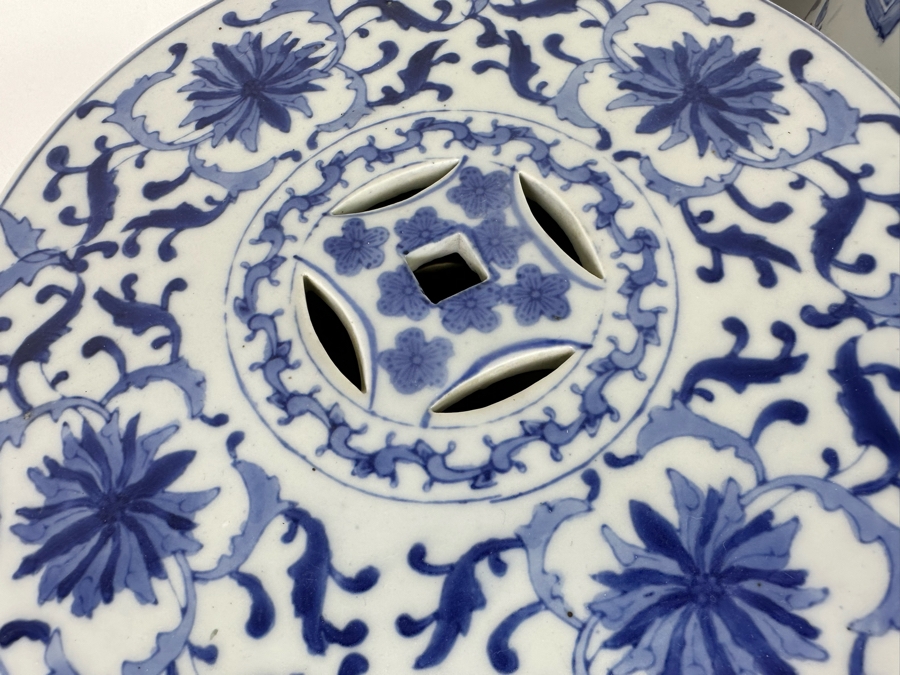 Pair Of Vintage Chinese Blue & White Barrel Garden Stools With Dragon Design 15W X 18.5H [Photo 8]