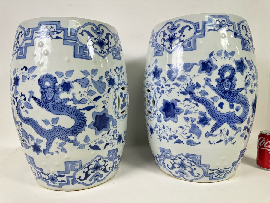 Pair Of Vintage Chinese Blue & White Barrel Garden Stools With Dragon Design 15W X 18.5H [Photo 13]
