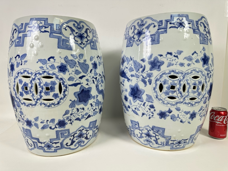 Pair Of Vintage Chinese Blue & White Barrel Garden Stools With Dragon Design 15W X 18.5H [Photo 2]