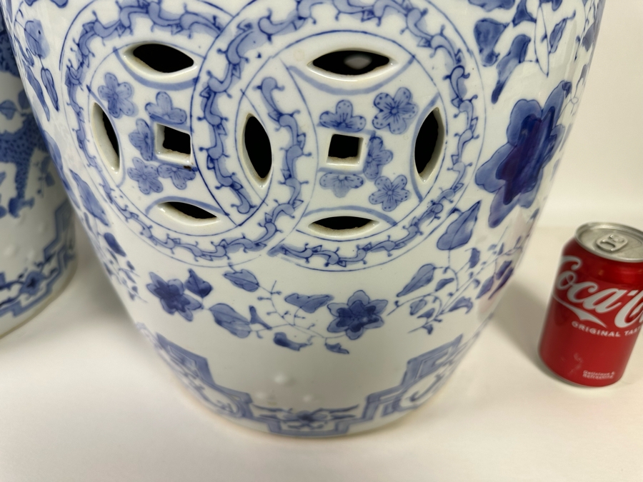 Pair Of Vintage Chinese Blue & White Barrel Garden Stools With Dragon Design 15W X 18.5H [Photo 11]
