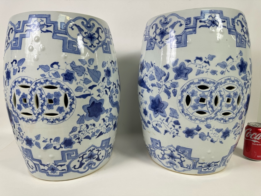Pair Of Vintage Chinese Blue & White Barrel Garden Stools With Dragon Design 15W X 18.5H [Photo 3]