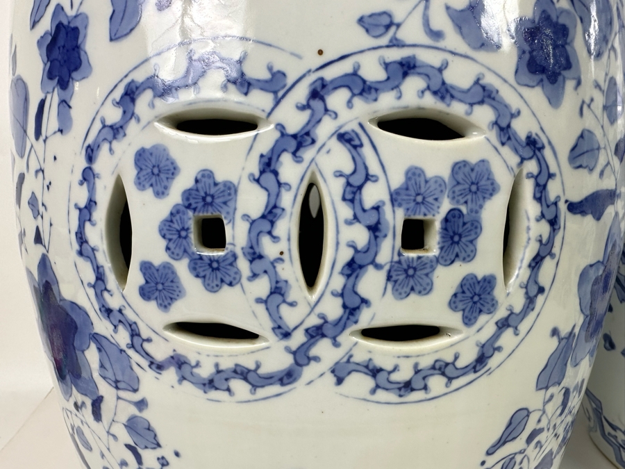 Pair Of Vintage Chinese Blue & White Barrel Garden Stools With Dragon Design 15W X 18.5H [Photo 5]