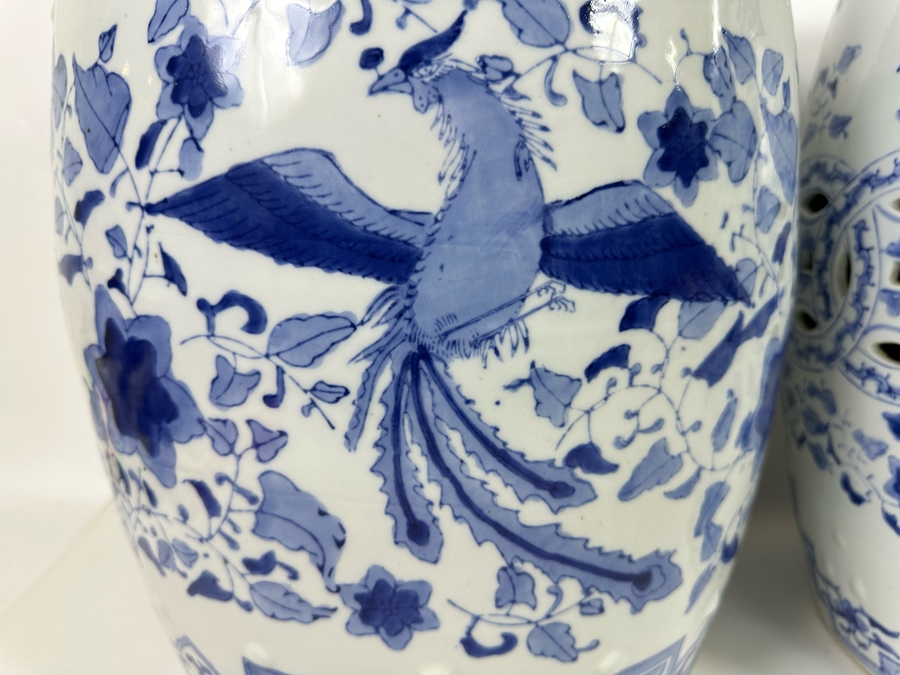 Pair Of Vintage Chinese Blue & White Barrel Garden Stools With Dragon Design 15W X 18.5H [Photo 19]