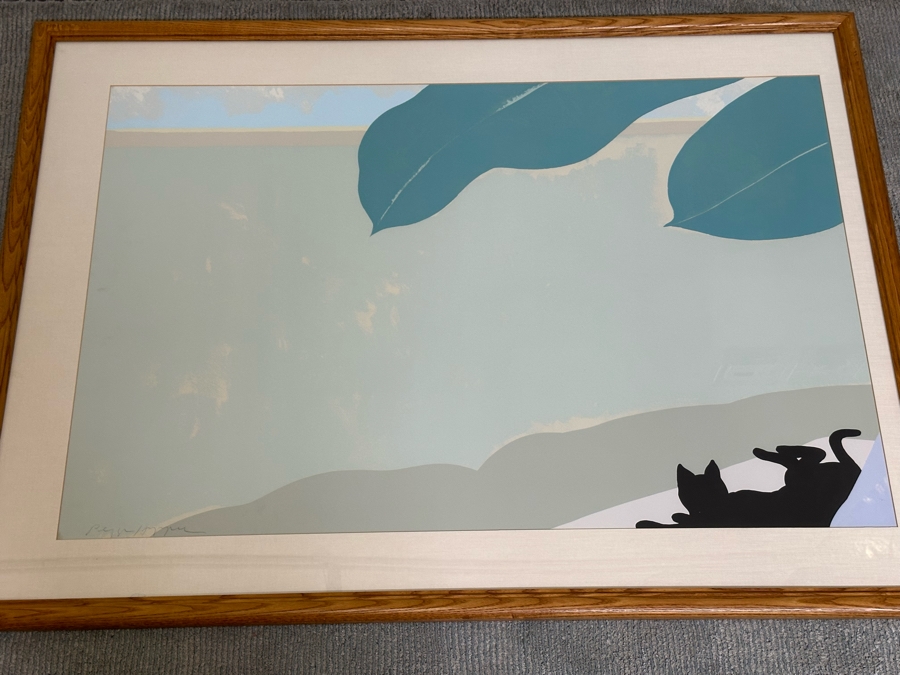 Pegge Hopper Large Hand Signed Hawaiian Print Featuring Banana Leaves And Black Cat Lying In Lower Right Corner 44W X 29H Framed 52W X 39H [Photo 5]