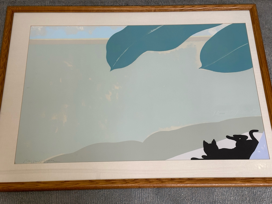 Pegge Hopper Large Hand Signed Hawaiian Print Featuring Banana Leaves And Black Cat Lying In Lower Right Corner 44W X 29H Framed 52W X 39H [Photo 4]
