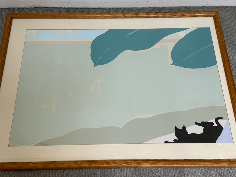Pegge Hopper Large Hand Signed Hawaiian Print Featuring Banana Leaves And Black Cat Lying In Lower Right Corner 44W X 29H Framed 52W X 39H [Photo 7]