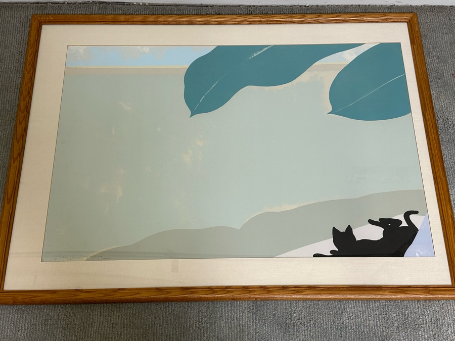Pegge Hopper Large Hand Signed Hawaiian Print Featuring Banana Leaves And Black Cat Lying In Lower Right Corner 44W X 29H Framed 52W X 39H [Photo 3]