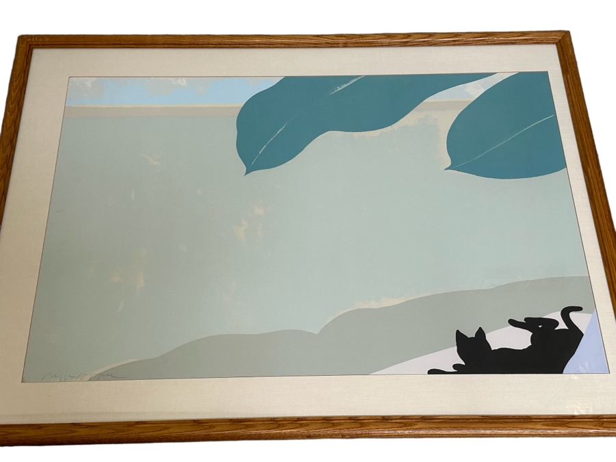 Pegge Hopper Large Hand Signed Hawaiian Print Featuring Banana Leaves And Black Cat Lying In Lower Right Corner 44W X 29H Framed 52W X 39H [Photo 2]