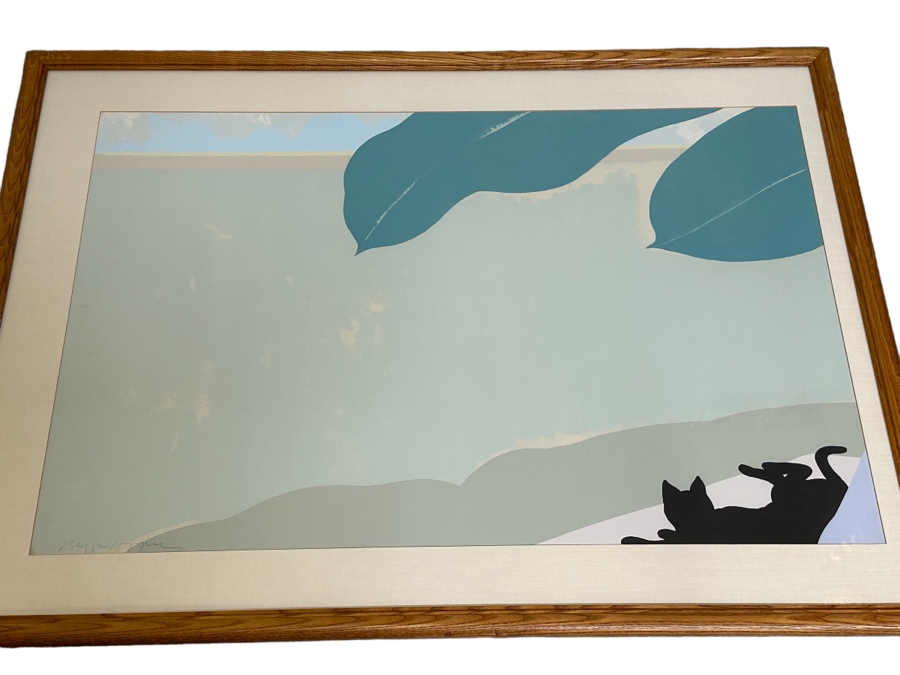 Pegge Hopper Large Hand Signed Hawaiian Print Featuring Banana Leaves And Black Cat Lying In Lower Right Corner 44W X 29H Framed 52W X 39H [Photo 1]