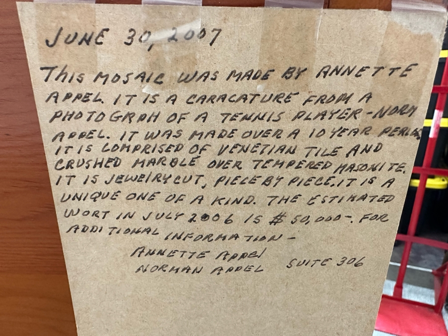 Original Mosaic Handmade By Annette Appel - A Caricature Of Tennis Player Norm Appel Made Over A 10 Year Period Using Jewelry Cut Venetian Tiles And Crushed Marble Over Tempered Masonite 7' 8'W X 43.5'H Estimated Value In 2006 Was $50,000 [Photo 27]