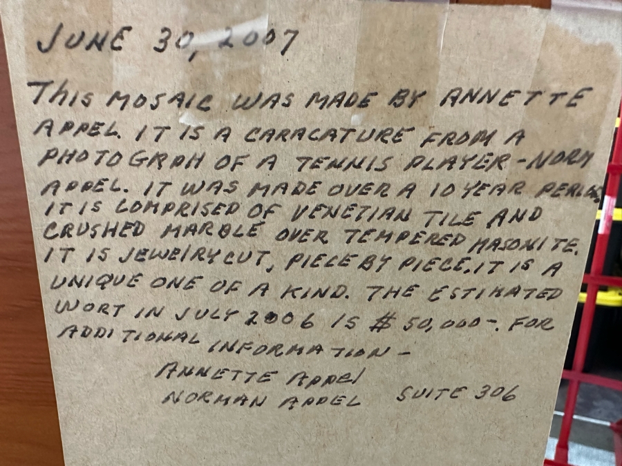 Original Mosaic Handmade By Annette Appel - A Caricature Of Tennis Player Norm Appel Made Over A 10 Year Period Using Jewelry Cut Venetian Tiles And Crushed Marble Over Tempered Masonite 7' 8'W X 43.5'H Estimated Value In 2006 Was $50,000 [Photo 28]