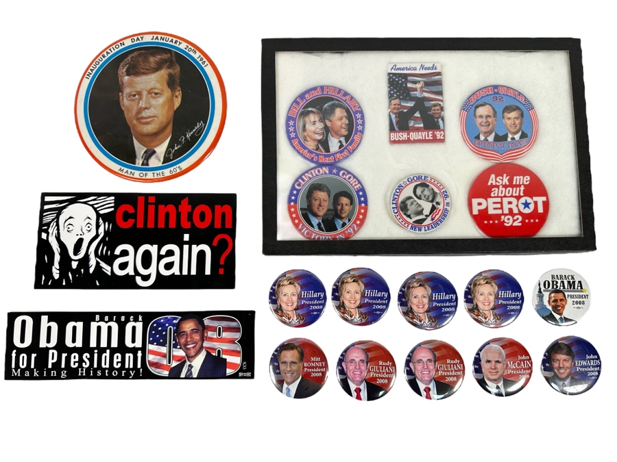 Collection Of Vintage United States Political Presidential Campaingn Buttons And Bumber Stickers [Photo 1]