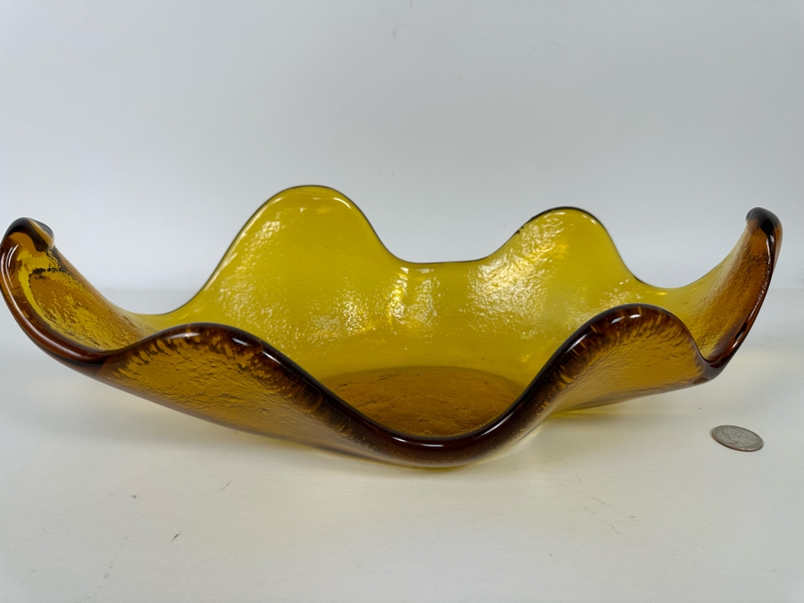 Vintage Blenko Glass Wayne Husted Free Form Yellow Centerpiece Bowl 15W X 7D X 4.5H [Photo 3]