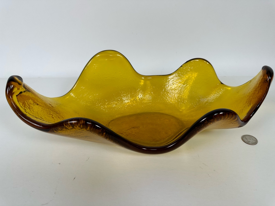 Vintage Blenko Glass Wayne Husted Free Form Yellow Centerpiece Bowl 15W X 7D X 4.5H [Photo 4]