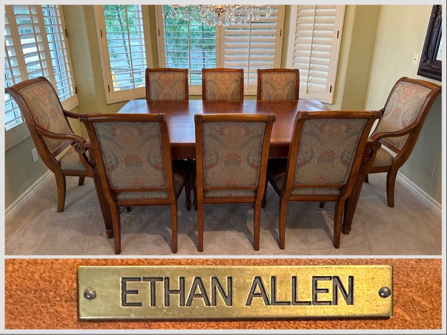 Ethan Allen Goodwin Formal Wooden Dining Table With Two Leaves And Eight Ethan Allen Dining Chairs In Excellent Condition