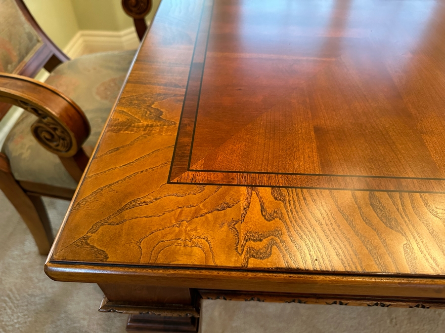 Ethan Allen Goodwin Formal Wooden Dining Table With Two Leaves And Eight Ethan Allen Dining Chairs In Excellent Condition [Photo 13]