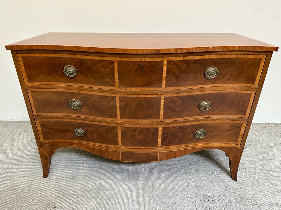 Stunning John Widdicomb Vintage 1930 Serpentine Front Inlaid Wooden Bureau 3-Drawer Chest Of Drawers Dresser Designed By Ralph H. Widdicomb 50W X 22D X 34H [Photo 14]